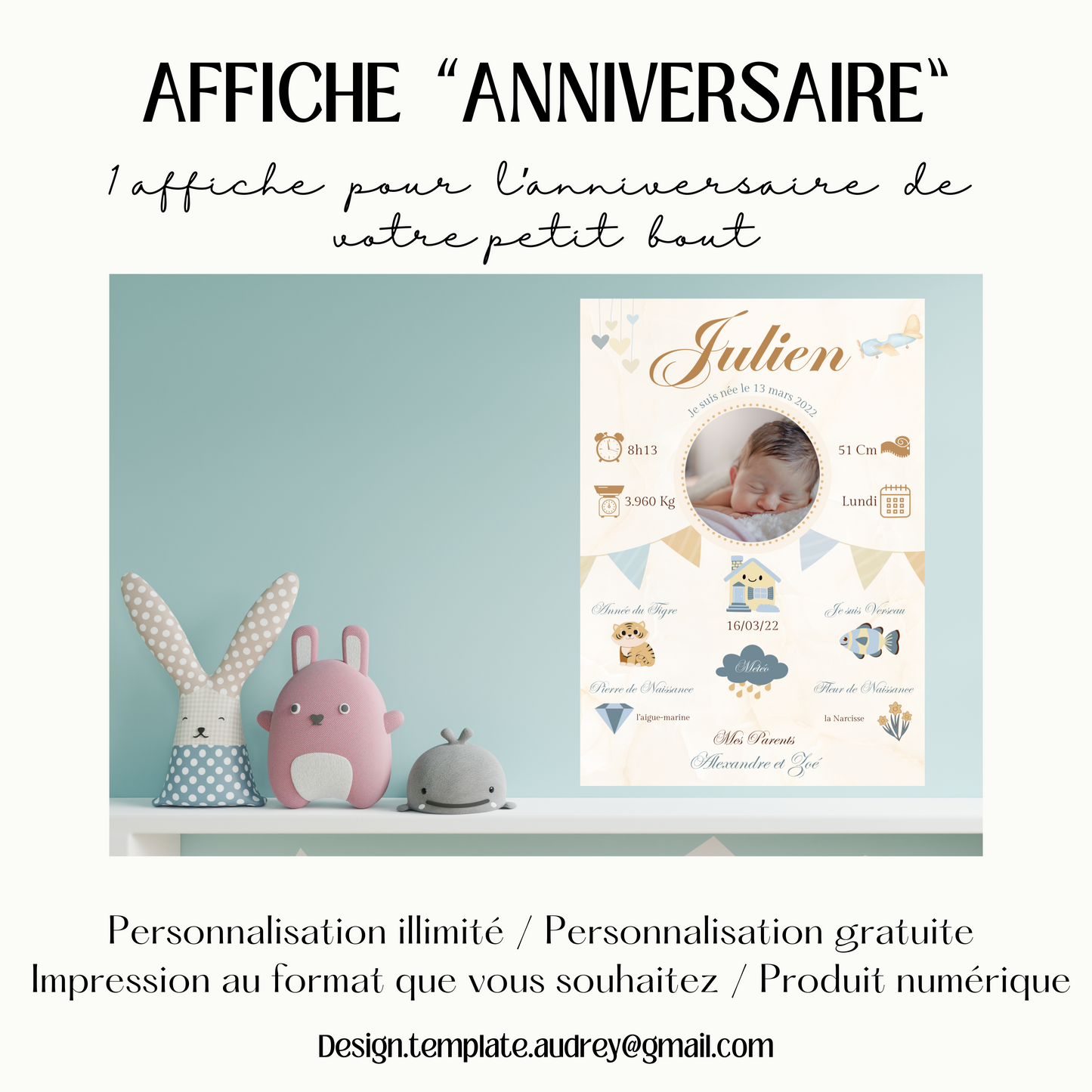 Affiche pour la Naissance de bébé personnalisée