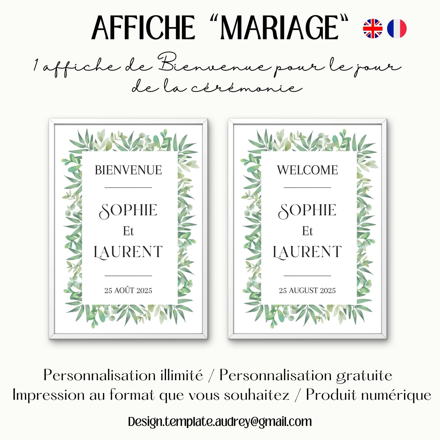 Affiche bienvenue Mariage Design d'Audrey