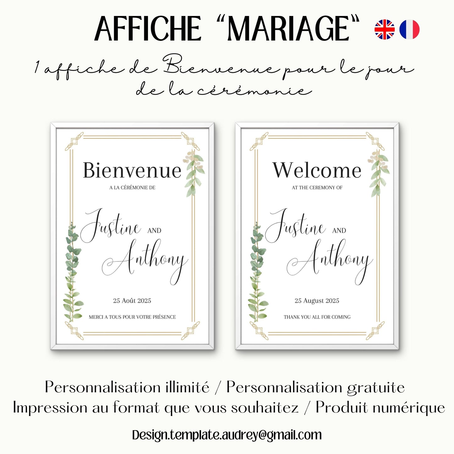Affiche bienvenue Mariage Design d'Audrey