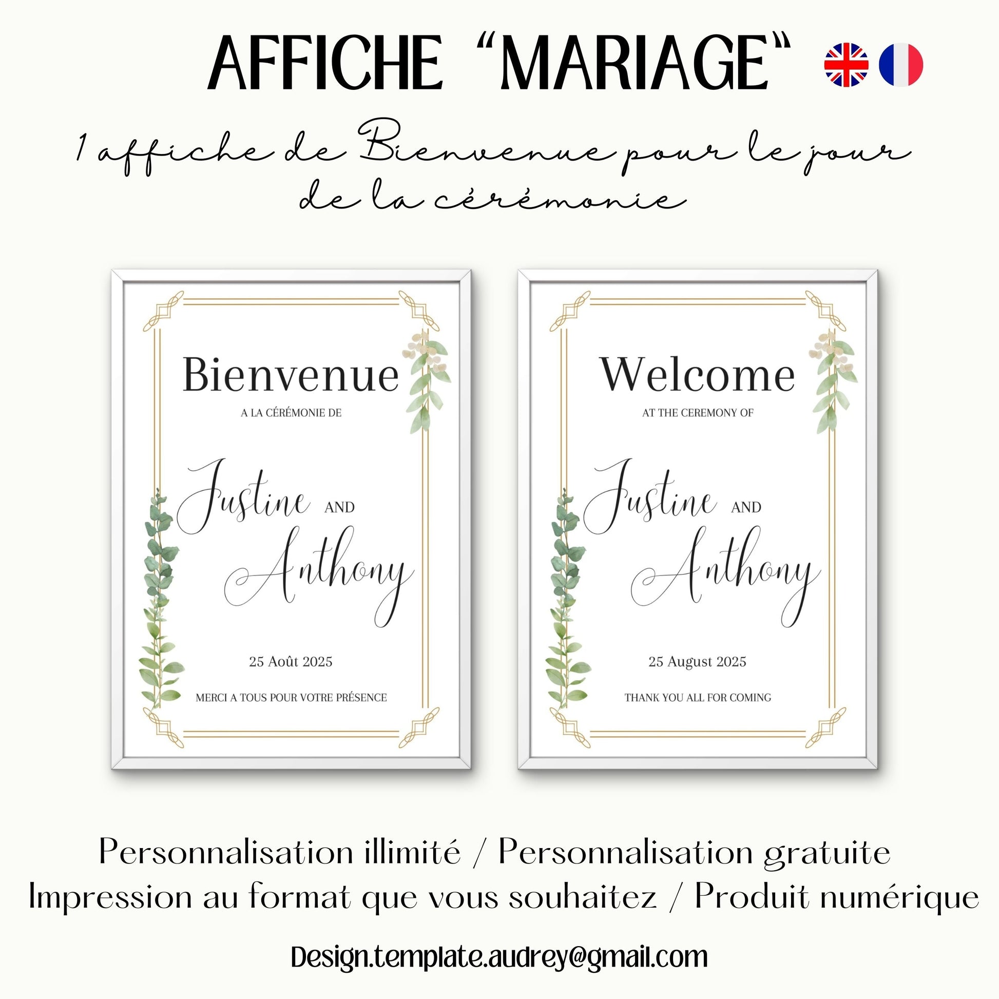 Affiche bienvenue Mariage Design d'Audrey