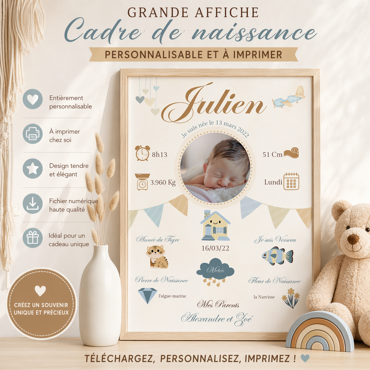 Affiche pour la Naissance de bébé personnalisée